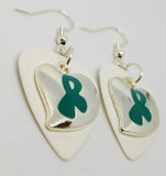 CLEARANCE Teal Ribbon on a Heart Charm Guitar Pick Earrings - Pick Your Color