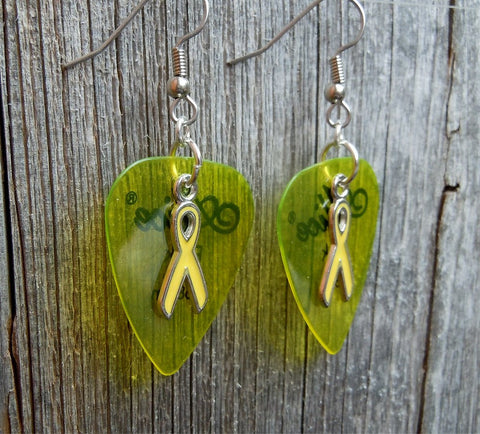 Yellow Ribbon Charm and Guitar Pick Earrings - Pick Your Color