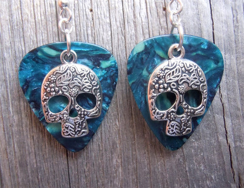 CLEARANCE Decorated Sugar Skull Silver Charm Guitar Pick Earrings - Pick Your Color