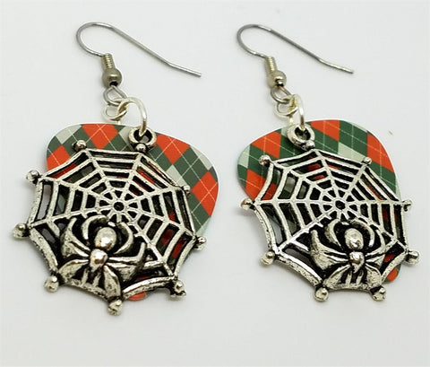 CLEARANCE Spiderweb with Spider Charm Guitar Pick Earrings - Pick Your Color