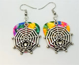 CLEARANCE Spiderweb with Spider Charm Guitar Pick Earrings - Pick Your Color