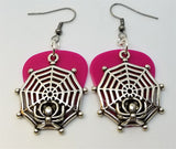 CLEARANCE Spiderweb with Spider Charm Guitar Pick Earrings - Pick Your Color