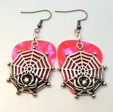 CLEARANCE Spiderweb with Spider Charm Guitar Pick Earrings - Pick Your Color