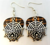 CLEARANCE Spiderweb with Spider Charm Guitar Pick Earrings - Pick Your Color