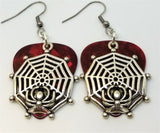 CLEARANCE Spiderweb with Spider Charm Guitar Pick Earrings - Pick Your Color
