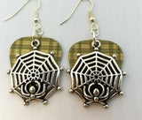 CLEARANCE Spiderweb with Spider Charm Guitar Pick Earrings - Pick Your Color
