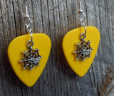 CLEARANCE Spiderweb with Spider Charm Guitar Pick Earrings - Pick Your Color