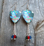 Blue, Red and Green Sugar Skull Guitar Pick Earrings with Swarovski Crystal Dangles