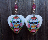 Sugar Skull and Pink Roses Guitar Pick Earrings with Pink Swarovski Crystals