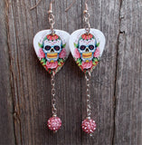 Sugar Skull and Pink Roses Guitar Pick Earrings with Pink Pave Dangles