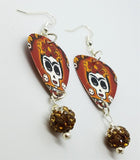 CLEARANCE Frida Sugar Skull Guitar Pick Earrings with Brown to White Pave Bead Dangles