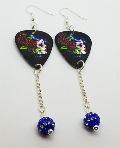 CLEARANCE Beautiful Sugar Skull with Red Roses Guitar Pick Earrings with Blue Striped Pave Bead Dangles