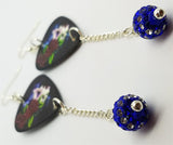 CLEARANCE Beautiful Sugar Skull with Red Roses Guitar Pick Earrings with Blue Striped Pave Bead Dangles