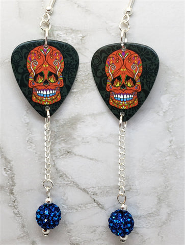 Red and Blue Sugar Skull Guitar Pick Earrings with Capri Blue Pave Bead Dangles