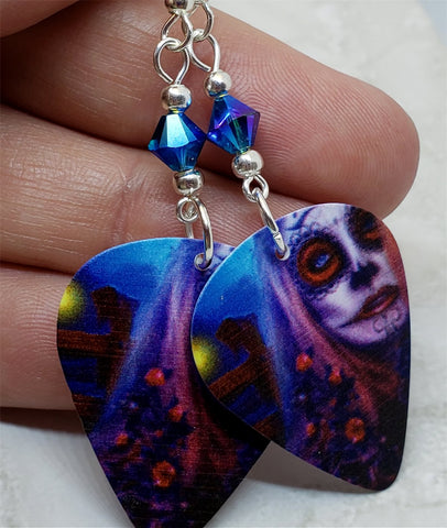 Woman Painted as a Sugar Skull Ghoul Guitar Pick Earrings with Blue ABx2 Swarovski Crystals