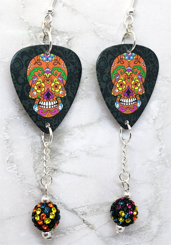 Colorful Orange Sugar Skull Guitar Pick Earrings with Pave Bead Dangles