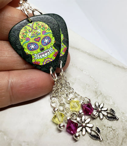 Green Sugar Skull Decorated with Flowers and Hearts Guitar Pick Earrings with Charm and Swarovski Crystal Dangles