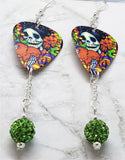 Sugar Skull Surrounded By Flowers Holding a Heart Guitar Pick Earrings with Green Pave Bead Dangles