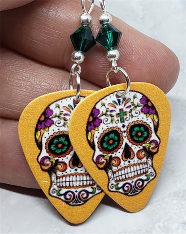 Sugar Skull on Orange Guitar Pick Earrings with Emerald Green Swarovski Crystals