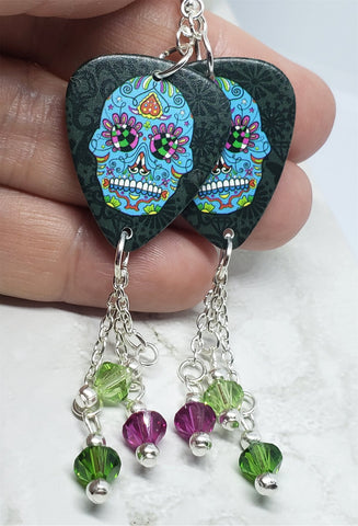Ornate Blue Sugar Skull with Heart on It's Forehead Guitar Pick Earrings with Swarovski Crystal Dangles