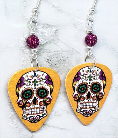 Sugar Skull on Orange Guitar Pick Earrings with Fuchsia Pave Beads