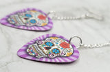Purple and Blue Sugar Skull with Purple Striped Background Dangling Guitar Pick Earrings