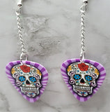 Purple and Blue Sugar Skull with Purple Striped Background Dangling Guitar Pick Earrings