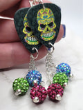 Yellow Colorful Sugar Skull Guitar Pick Earrings with Pave Bead Dangles