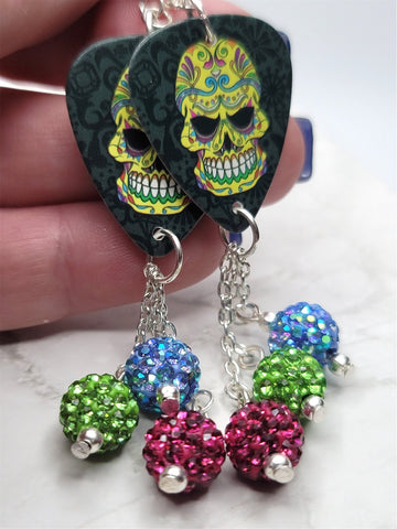 Yellow Colorful Sugar Skull Guitar Pick Earrings with Pave Bead Dangles