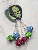 Yellow Colorful Sugar Skull Guitar Pick Earrings with Pave Bead Dangles