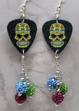 Yellow Colorful Sugar Skull Guitar Pick Earrings with Pave Bead Dangles