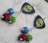 Yellow Colorful Sugar Skull Guitar Pick Earrings with Pave Bead Dangles