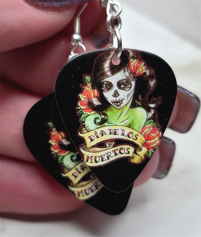 Red and Green Sugar Skull Guitar Pick Earrings with Roses and Dia De Los Muertos Banner
