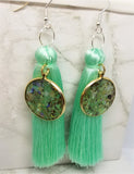 Mint Green Silky Tassel Earrings with Abalone and Resin Dangles