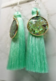 Mint Green Silky Tassel Earrings with Abalone and Resin Dangles