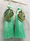 Mint Green Silky Tassel Earrings with Abalone and Resin Dangles