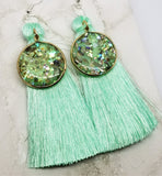 Mint Green Silky Tassel Earrings with Abalone and Resin Dangles