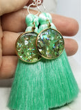 Mint Green Silky Tassel Earrings with Abalone and Resin Dangles