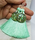 Mint Green Silky Tassel Earrings with Abalone and Resin Dangles