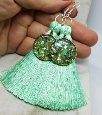 Mint Green Silky Tassel Earrings with Abalone and Resin Dangles