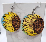Sunflower Woodburned and Painted Wooden Earrings