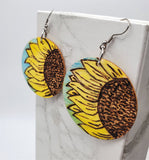 Sunflower Woodburned and Painted Wooden Earrings