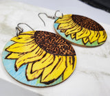 Sunflower Woodburned and Painted Wooden Earrings