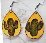 Cactus Wood Burned and Painted Wooden Earrings