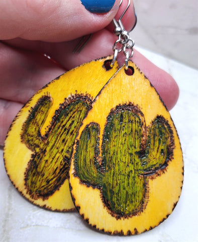 Cactus Wood Burned and Painted Wooden Earrings