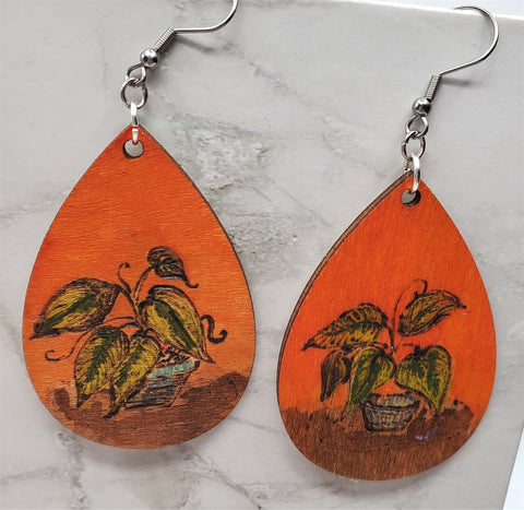 House Plant Wood Burned and Painted Wooden Earrings