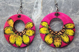 Sunflower Wood Burned and Painted Hot Pink Wooden Earrings