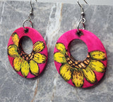 Sunflower Wood Burned and Painted Hot Pink Wooden Earrings