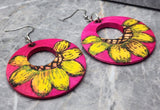 Sunflower Wood Burned and Painted Hot Pink Wooden Earrings