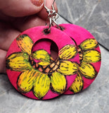 Sunflower Wood Burned and Painted Hot Pink Wooden Earrings